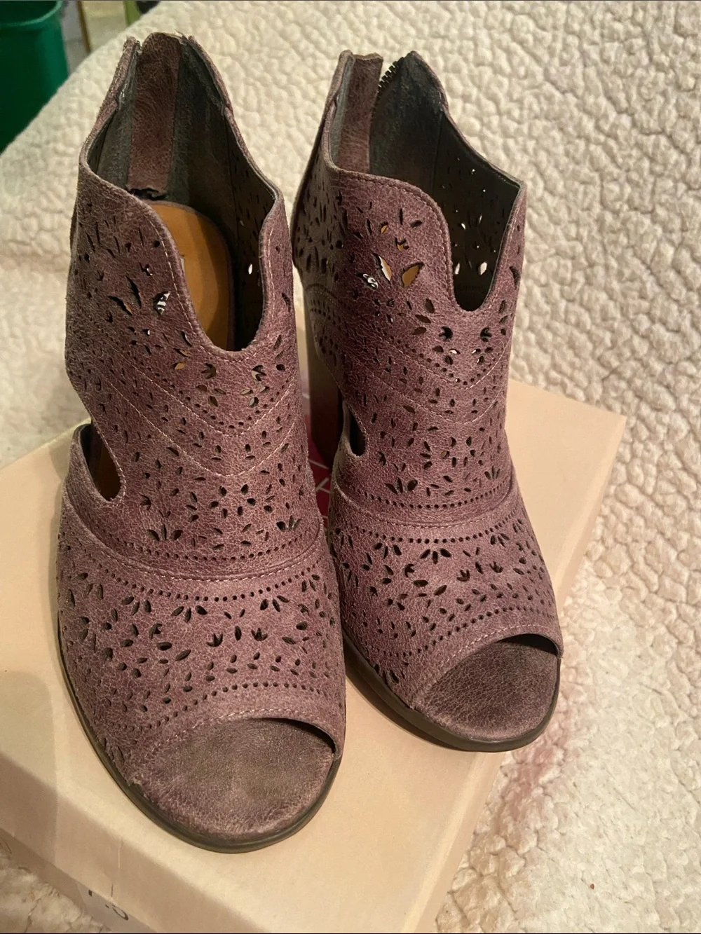 Not Rated Peep-Toe Laser-Cut Block Heel Booties in Brown/Grey - wore once